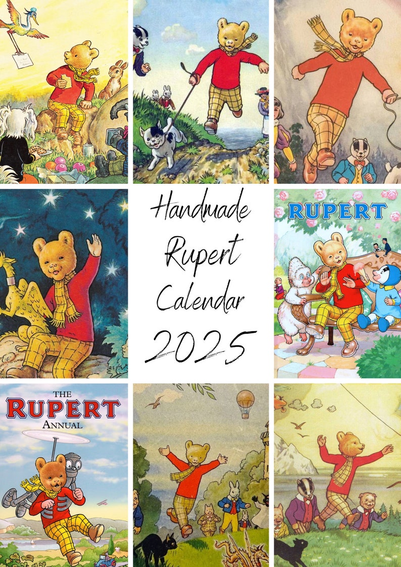 Rupert Bear 2025 Calendar, A4 Size, One Month View, Handmade Vintage