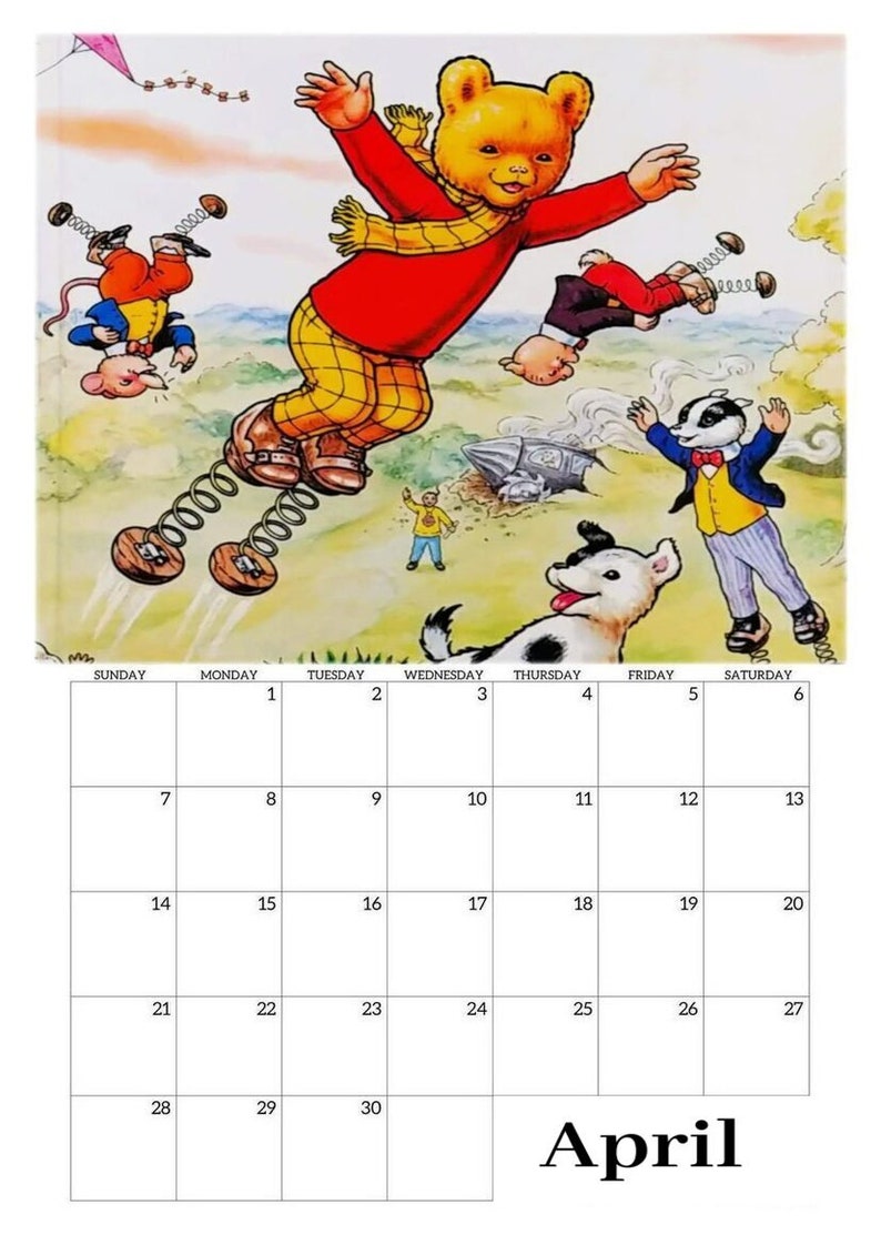 Rupert Bear Calendar 2025 A4 One Month View Handmade Vintage Image
