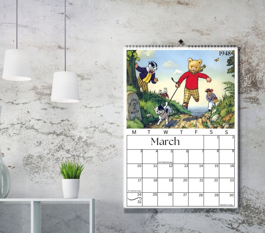 Rupert Bear 2025 Calendar, A4 Size, One Month View, Handmade Vintage