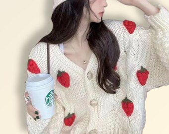 Strawberry Print Cardigan, High Waits Cardigan, Knitted Sweater, Oversized Sweatshirt, Embroidery Cardigan, Love Cardigan, Y2K Top, Harajuku