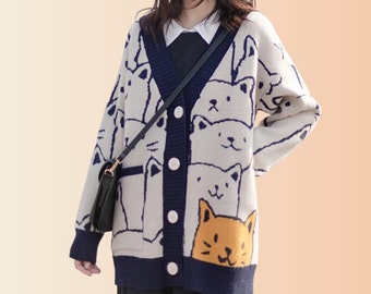 Katzen Print Strickjacke, Katzen Sweatshirt, Opa Pullover, Harajuku, Y2KTop, Oversized Cardigan, Strick, Cartoon Pullover