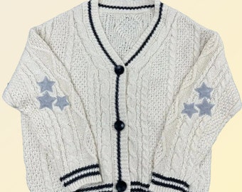 Pull brodé d'étoiles, cardigan surdimensionné, vêtements de l'an 2000, cardigan en tricot, pull papy, pull boutonné, mode coréenne