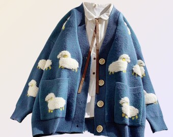 Sheep Embroidery Cardigan, Korean Style Sweater, Grandpa Sweater, Oversized Sweater, Sheep Sweater, Harajuku, Y2K Top, Vintage Sweatshirt