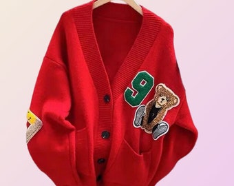 Cardigan con stampa orso, maglione ricamato, top Y2K, cardigan Kawaii, maglione lavorato a maglia, maglione ampio a maniche lunghe, maglione del nonno