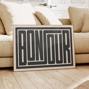 Bonjour Typography Print Mid Century Modern Wall Art Bauhaus Poster
