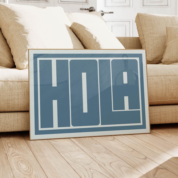 Blue Hola Typography Print Mid Century Modern Wall Art Bauhaus Poster