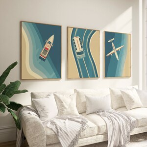 Retro Travel Wall Art Set of 3 Classic Car Plane Boat Posters Vintage Transport Decor Holiday Print Unique Traveler Gift Idea