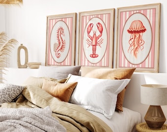 Kunst aan de kust, set van 3 – kwallen kreeft zeepaardjes, roze streep nautisch decor