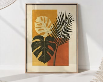 Boho Plant Wall Art, Terracotta Mid Century Print, Minimalist Botanical Poster, Abstract Leaf Decor