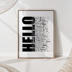 Multilingual Hello Typography Art Print - Black and White Welcome Word Cloud - Modern Entryway Decor