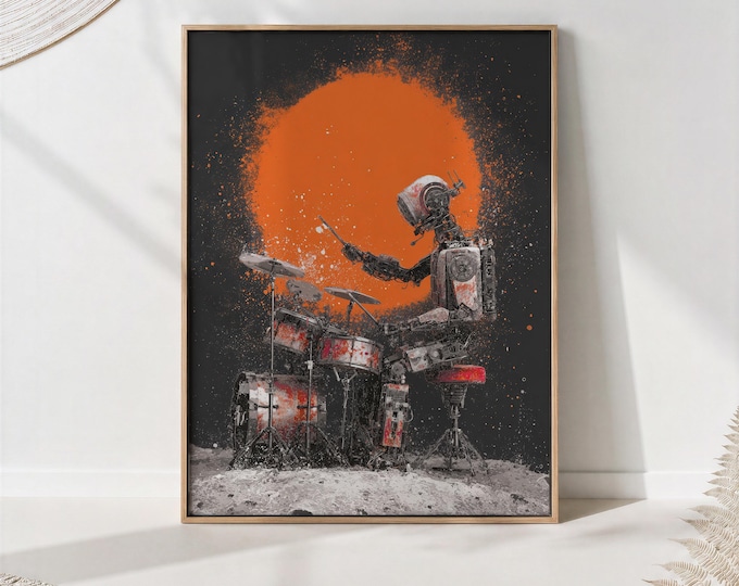 Robot Drummer Drum Print — Mid Century Sci‑Fi Art for Music Rooms