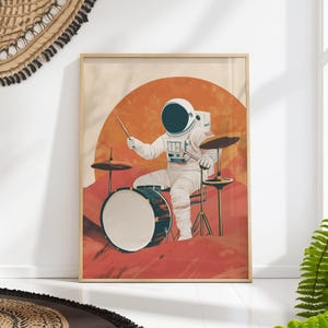 Astronaut Drum Art Print - Retro Space Music Poster - Mid Century Recording Studio Decor