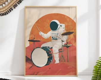 Astronaut Drum Art Print - Retro Space Music Poster - Mid Century Recording Studio Decor
