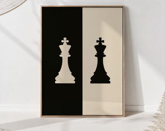 Minimalist Chess Kings Poster | Black & White Modern Game Art | Strategy Office Wall Decor