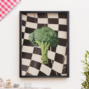 Retro Broccoli Kitchen Art Print Food Poster Vintage Vegetable on Checkerboard  PRINTED on Luxury Paper