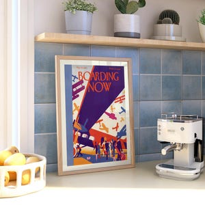 Boarding Now Airplane in a natural wood frame on a kitchen wall