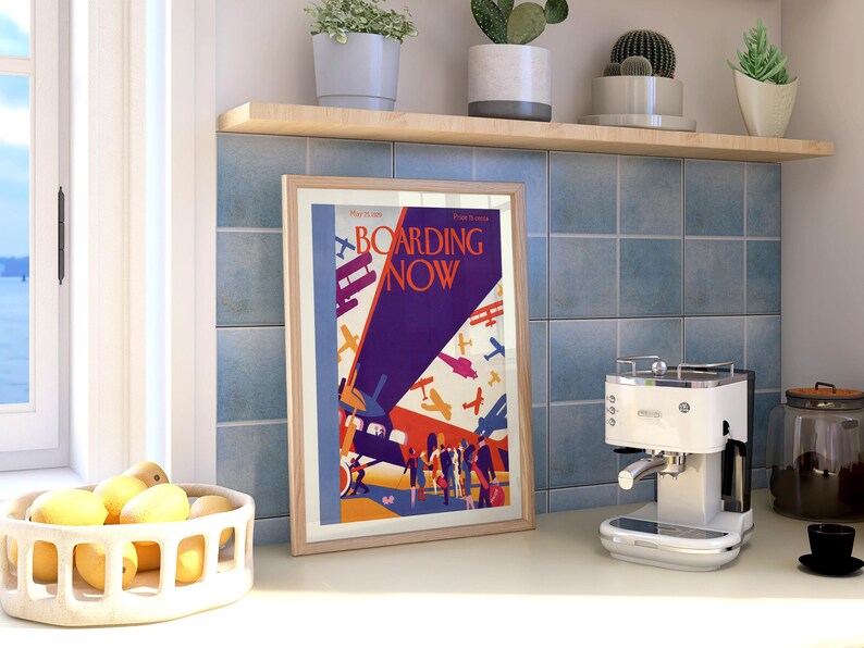 Boarding Now Airplane in a natural wood frame on a kitchen wall