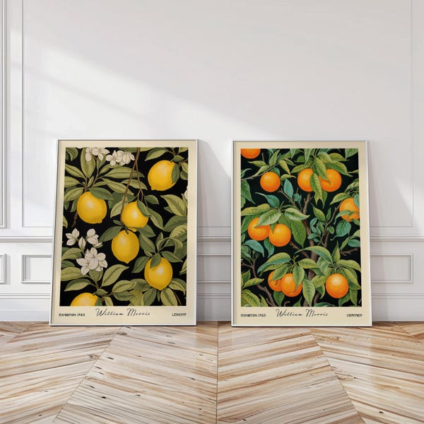 William Morris Lemon & Orange Botanical Print Set: Vintage Kitchen Wall Art