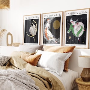 Set di 3 stampe di moda celestiale, poster di copertina di riviste vintage, arte murale di moda retrò
