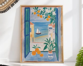 Oranges Window Matisse Wall Art Print, Mediterranean Sailboat Coastal Decor, Matisse Inspired Poster