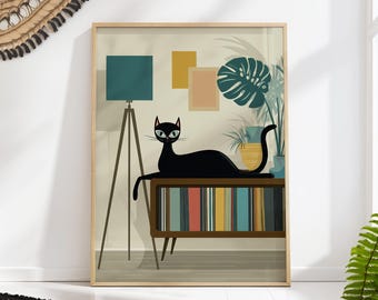 Mid-Century Modern Black Cat Art Print: Retro Scandinavian Decor
