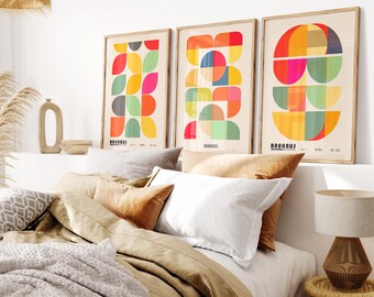 Lot de 3 affiches d'art moderne du milieu du siècle Bauhaus, géométrique abstraite, décoration murale pour la maison et le bureau