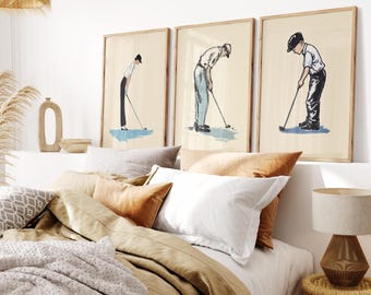Set of 3 Retro Golf Art Prints – Boy Man Woman Golfer Trio Wall Decor