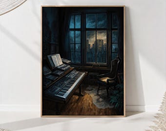 Quadro da parete con studio di musica sintetizzatore - Paesaggio notturno con skyline di una città piovosa visto dalla finestra