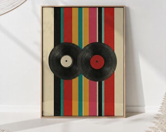 Retro Vinyl Record Wall Art - Mid Century Modern 70s Striped Music Poster