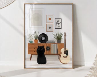 Mid Century Music Guitar Room Cat Art Print Retro Decor