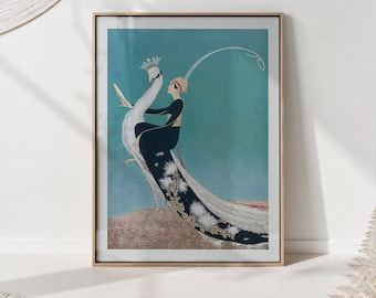 Art Deco Peacock Lady Illustration Print Retro Teal Glamour Wall Decor For Chic Bedroom