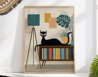 Mid-Century Modern Black Cat Art Print: Retro Scandinavian Decor