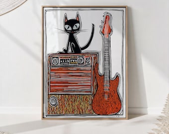 Cat Guitar Print – Mid Century Music Wall Art