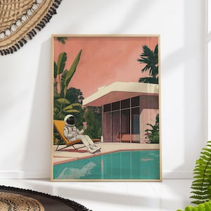 Astronaut Pool Poster, Retro Sci Fi Wall Art, Space Explorer Vacation Print, Mid Century Modern Decor