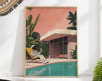 Astronaut Pool Poster, Retro Sci Fi Wall Art, Space Explorer Vacation Print, Mid Century Modern Decor