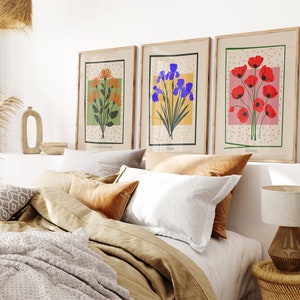 Botanical Art Prints Set of 3 Minimalist Floral Wall Decor Poppy Iris Chrysanthemum Gift for Nature Lovers PRINTED on Luxury Paper
