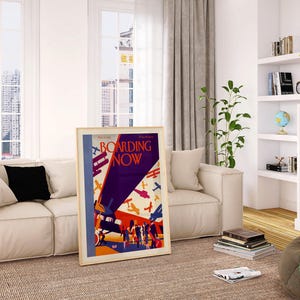 Boarding Now Airplane in a light wood frame in a bright city living room