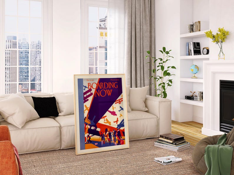 Boarding Now Airplane in a light wood frame in a bright city living room
