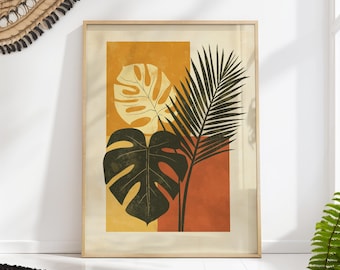 Boho Plant Wall Art, Terracotta Mid Century Print, Minimalist Botanical Poster, Abstract Leaf Decor