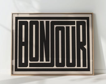 Bonjour Typography Print Mid Century Modern Wall Art Bauhaus Poster