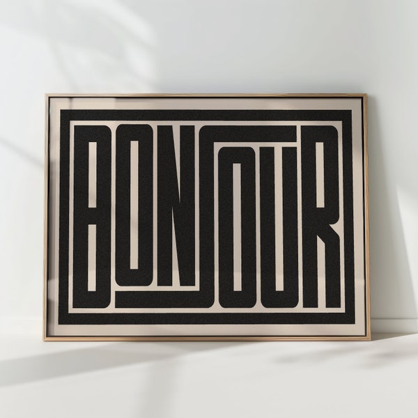 Bonjour Typography Print Mid Century Modern Wall Art Bauhaus Poster