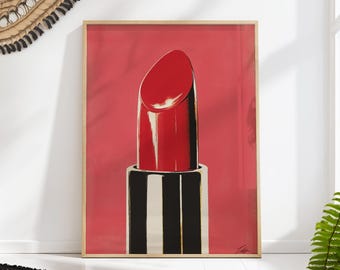Red Lipstick Pop Art Print - Mid-Century Fashion Wall Art - Bold Makeup Decor - Vintage Style Beauty Art - Glamorous Home Decor