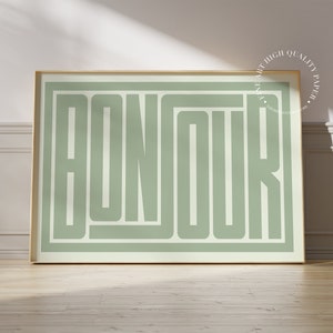 Bonjour Typography Print Sage Green Mid Century Modern Wall Art Bauhaus Poster