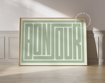 Bonjour Typography Print Sage Green Mid Century Modern Wall Art Bauhaus Poster