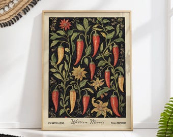 William Morris Chili Peppers Botanical Art Print - Mid Century Kitchen Decor, Arts & Crafts Vegetable Wall Art