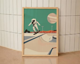 Astronaut Skateboard Art Print: Retro Space Wall Decor
