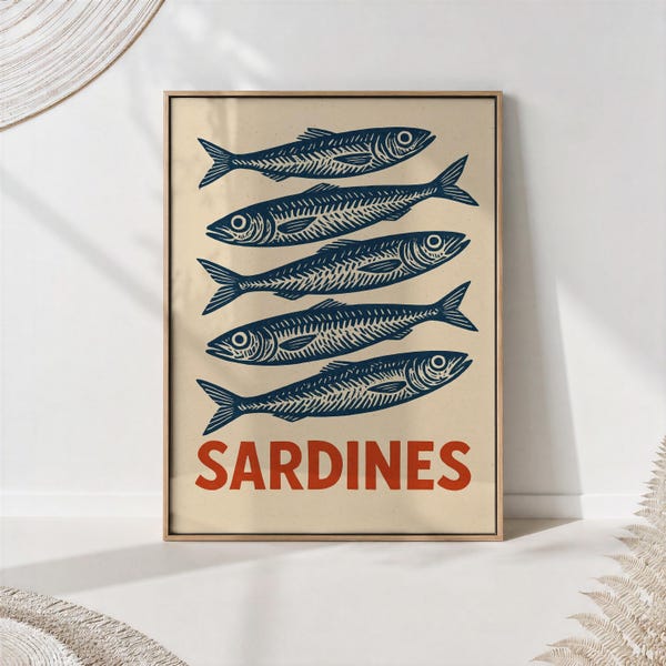 Sardines Linocut Print: Mid-Century Modern Seafood Kitchen Art