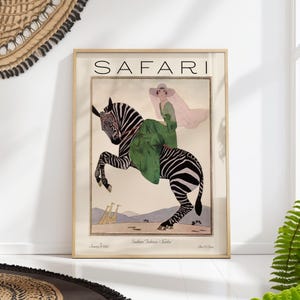 Safari Fashion Poster Magazine Cover, Vintage Woman on Zebra Print, Retro Art Deco Wall Art