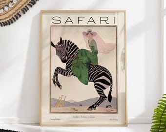 Safari Fashion Poster Magazine Cover, Vintage Woman on Zebra Print, Retro Art Deco Wall Art