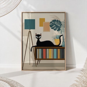 Mid-Century Modern Black Cat Art Print: Retro Scandinavian Decor